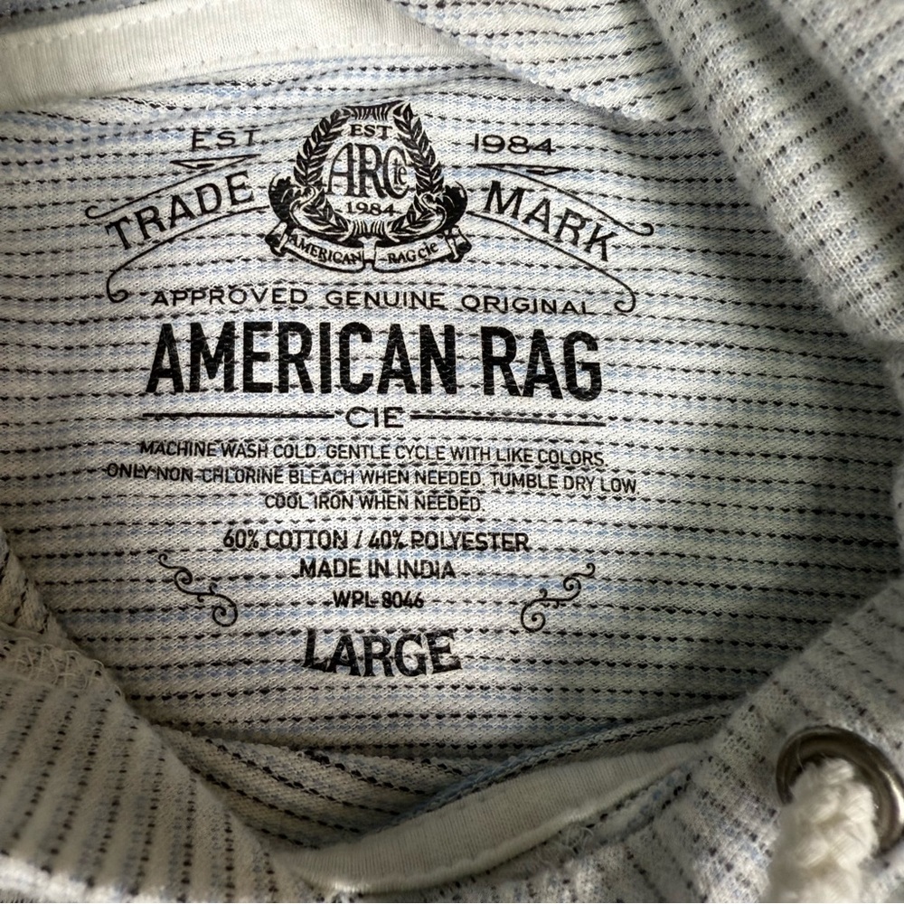 American Rag Mens Large White Gray Micro Stripe Lightweight Pullover Hoodie L - Picture 3 of 4
